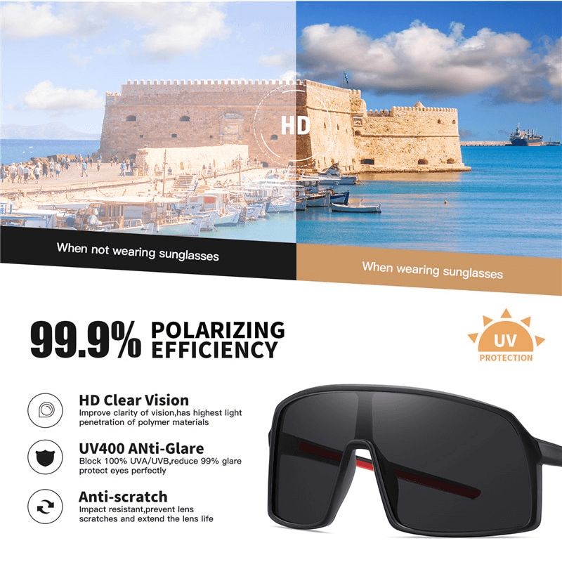 Comparison of landscape view with and without sports windproof goggles, highlighting 99.9% polarizing efficiency and UV protection.
